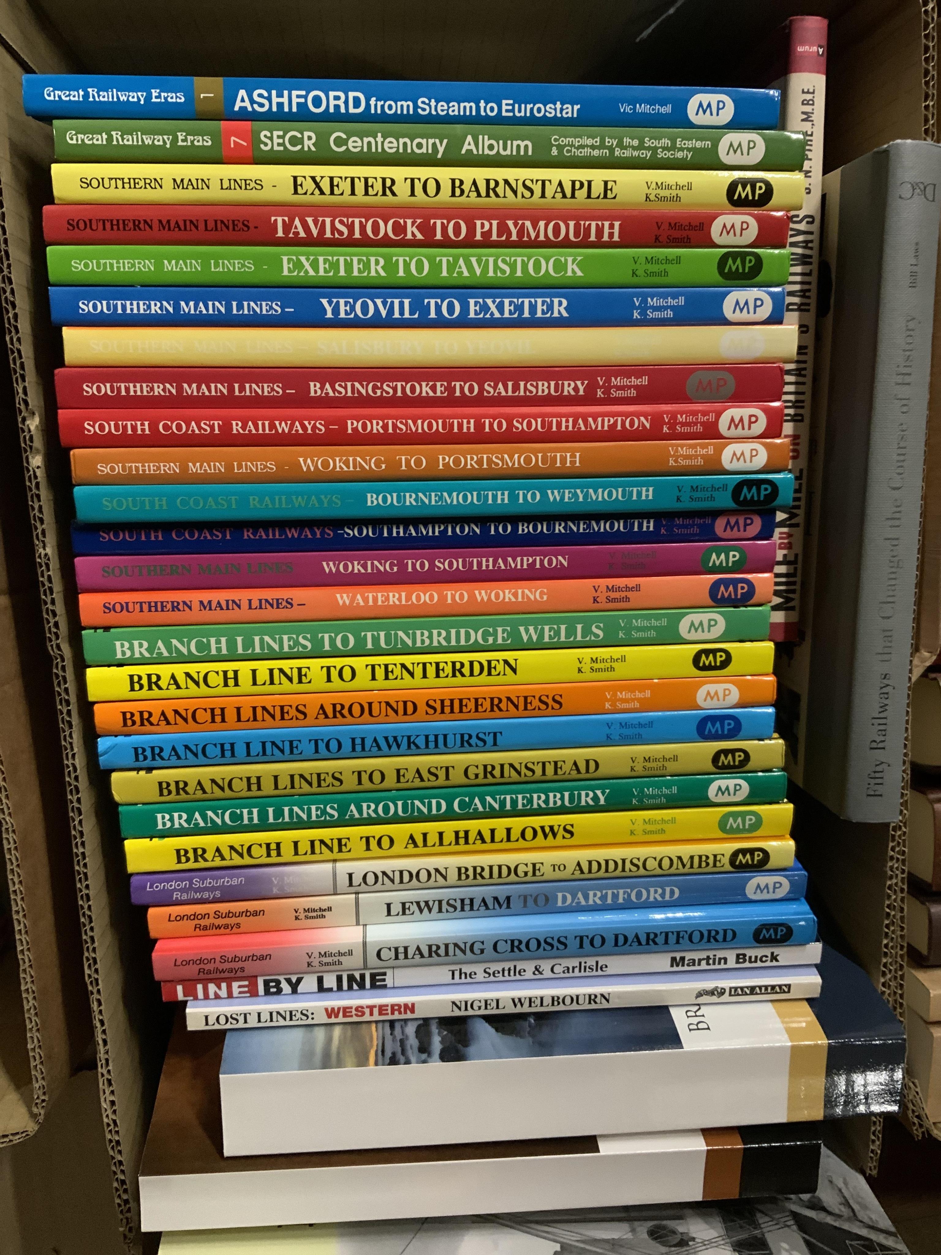 Eight boxes of railway related books, subjects include; locomotives of Australia, British railway journeys, preserved and miniature railways, Southern Railway, branch line railways, Great Western Railway locomotives, etc